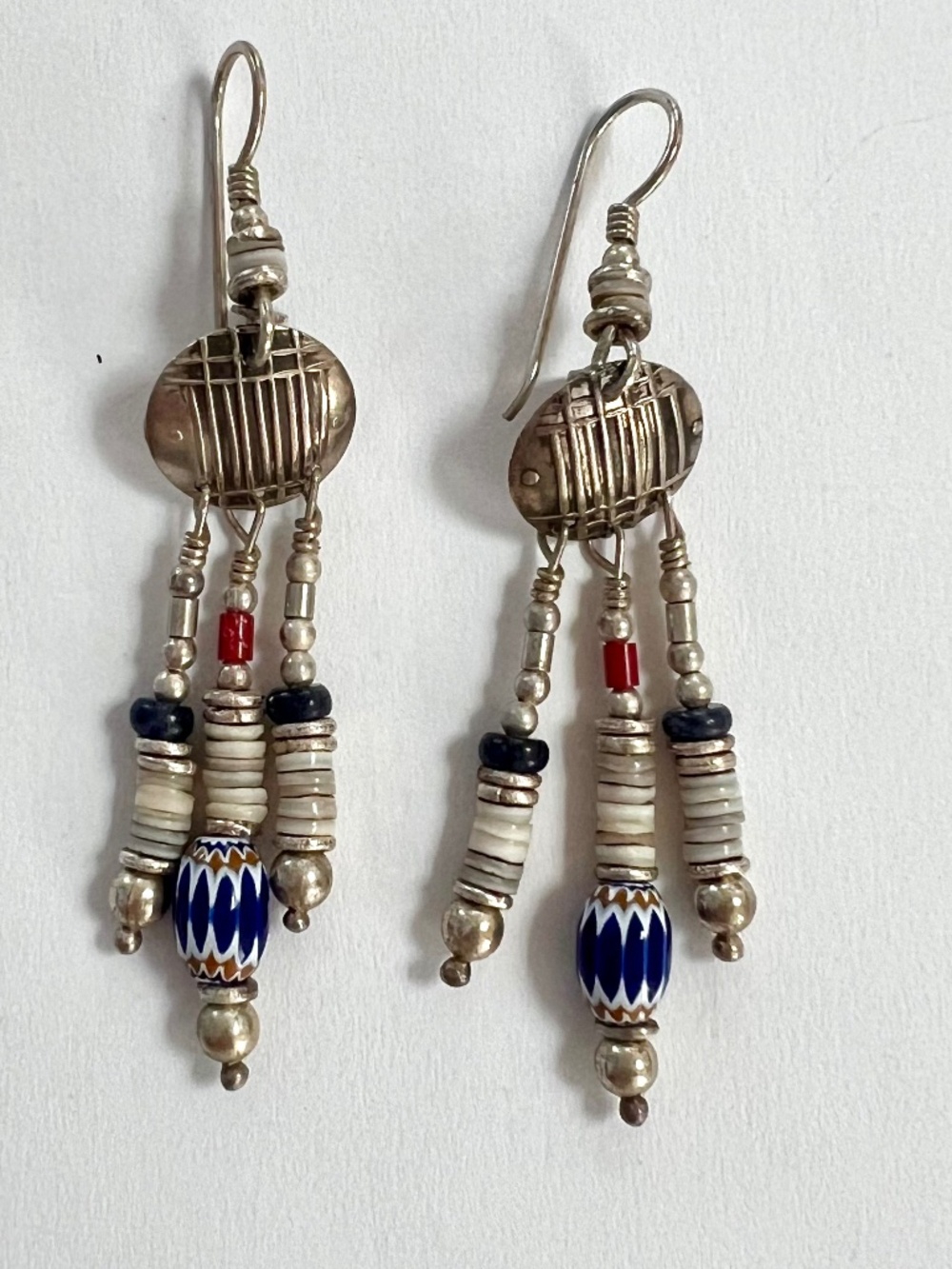 Vintage Signed Tabra Earrings Blue Glass Shell Heishi Beaded Dangle Earrings